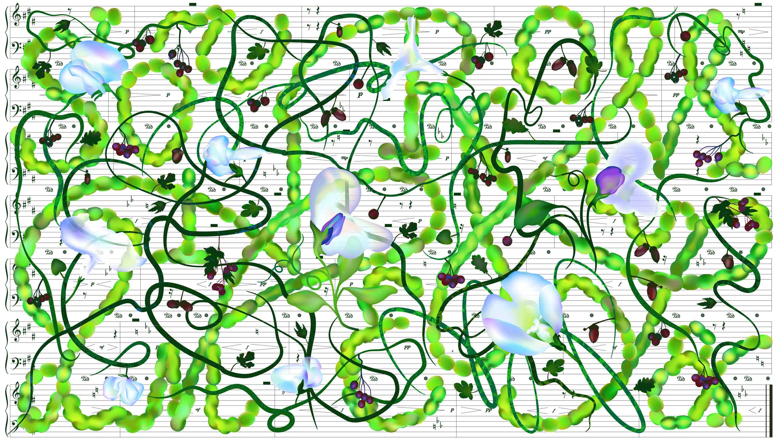 인양이 만든 sonic nostalgia 키비주얼. 초록색 콩형태와 식물 형태가 얽혀있다.