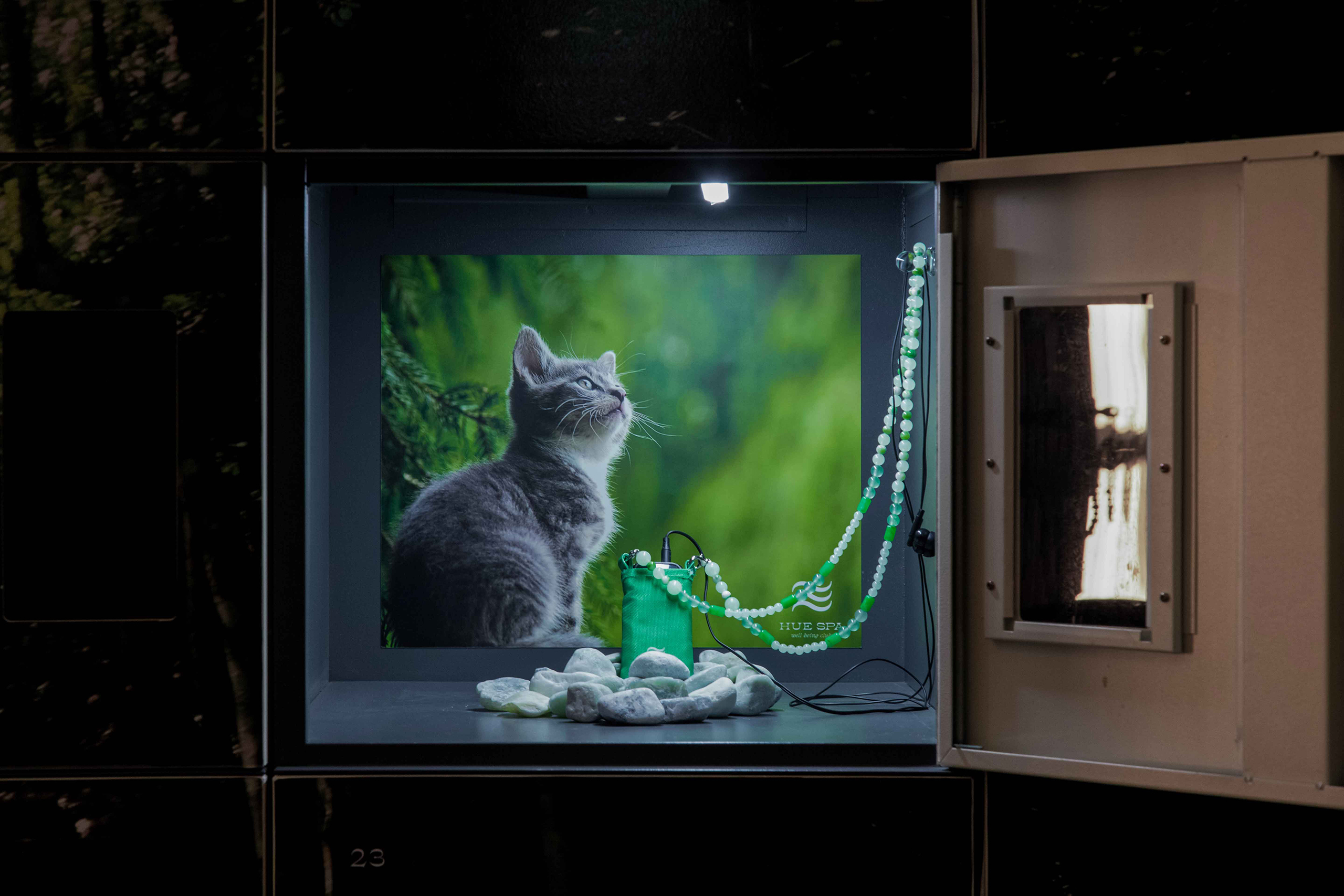 휴스파의 캐비넷 안이다. 고양이 이미지가 배경에 있고, 초록색 이용키가 놓여있다.