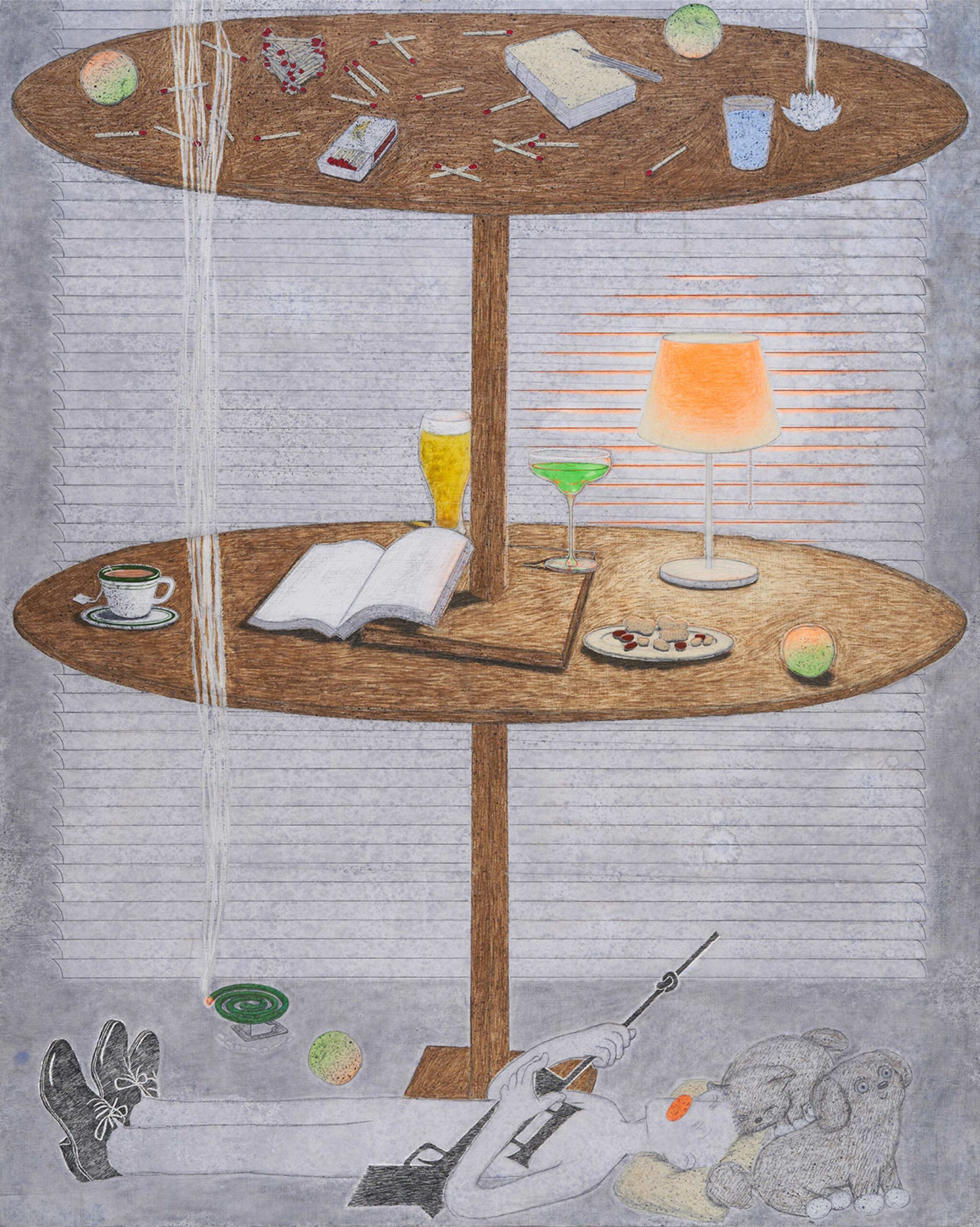 26_숙면의-조건-1,-2023,-캔버스에-수채,-연필,-색연필,-볼펜,-162_고니.2x130_고니