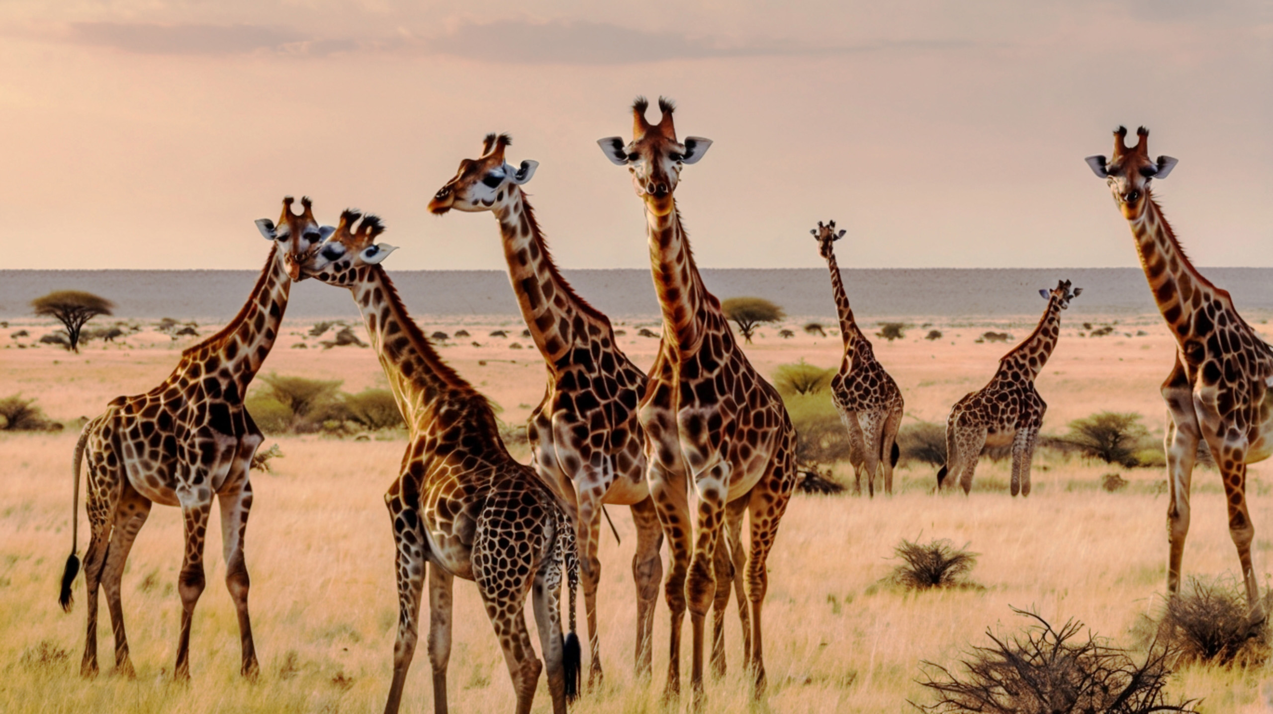 Panoramic,Landscape,With,A,Group,Of,Giraffes,In,Kalahari,Desert,